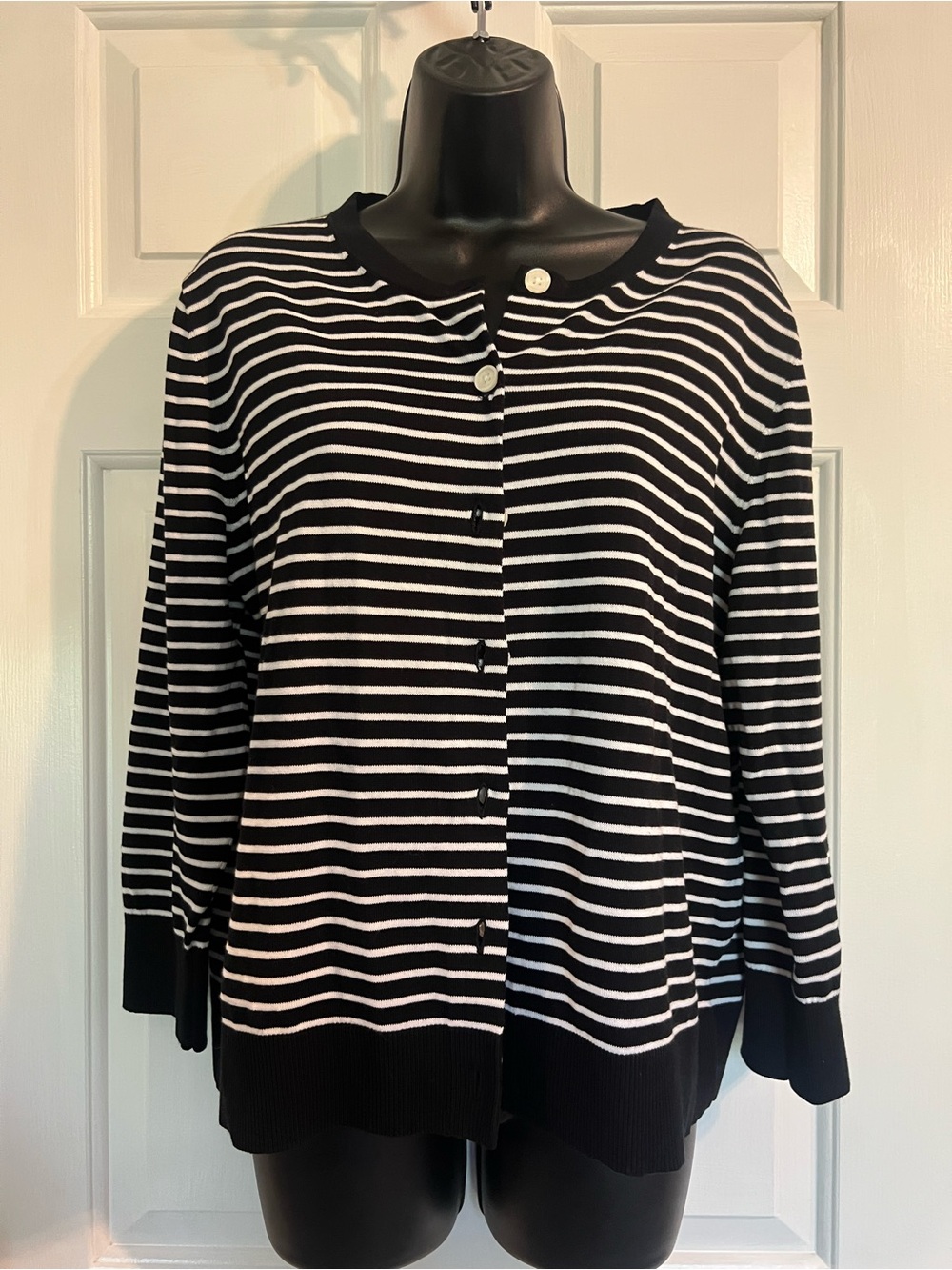 LOFT Black and White Striped Button Cardigan